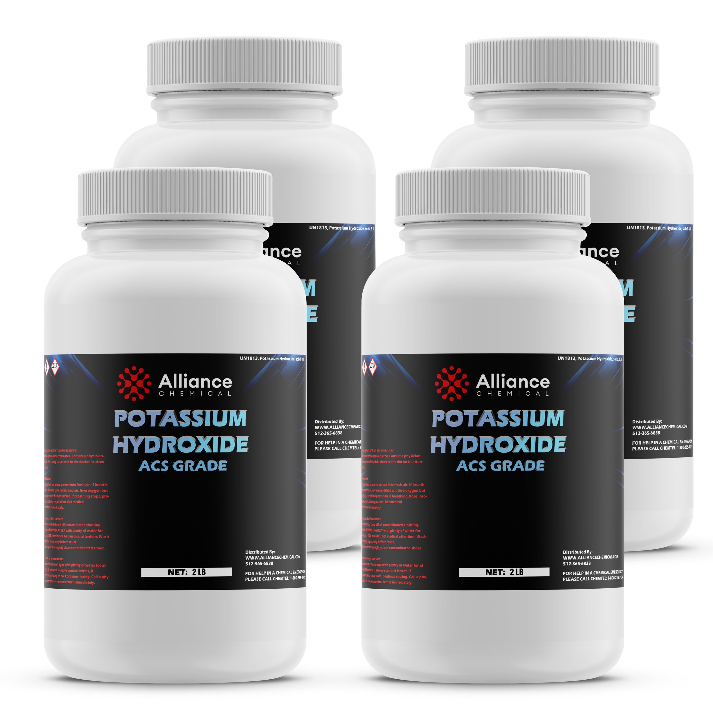 2lb bottles of ACS-grade Potassium Hydroxide by Alliance Chemical, white HDPE containers with black labels, hazard warnings, 4-pack configuration.